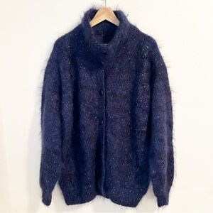 Handmade Navy Mohair Confetti Knit Button Front Cardigan Balloon Sleeve Sz L/XL